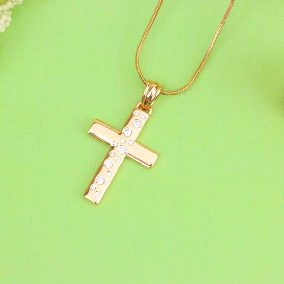 "Rose Gold Cross Pendant with White Stones in Vertical Pattern Design, XPPT1605 - Picture 2 of 13